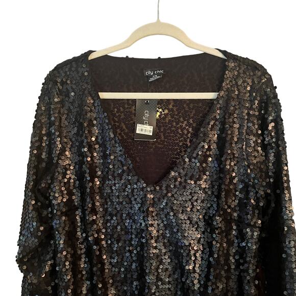 City Chic Plus Size Party Time Embellished Shift Dress 16 NEW Black Full Sequin - Picture 4 of 13